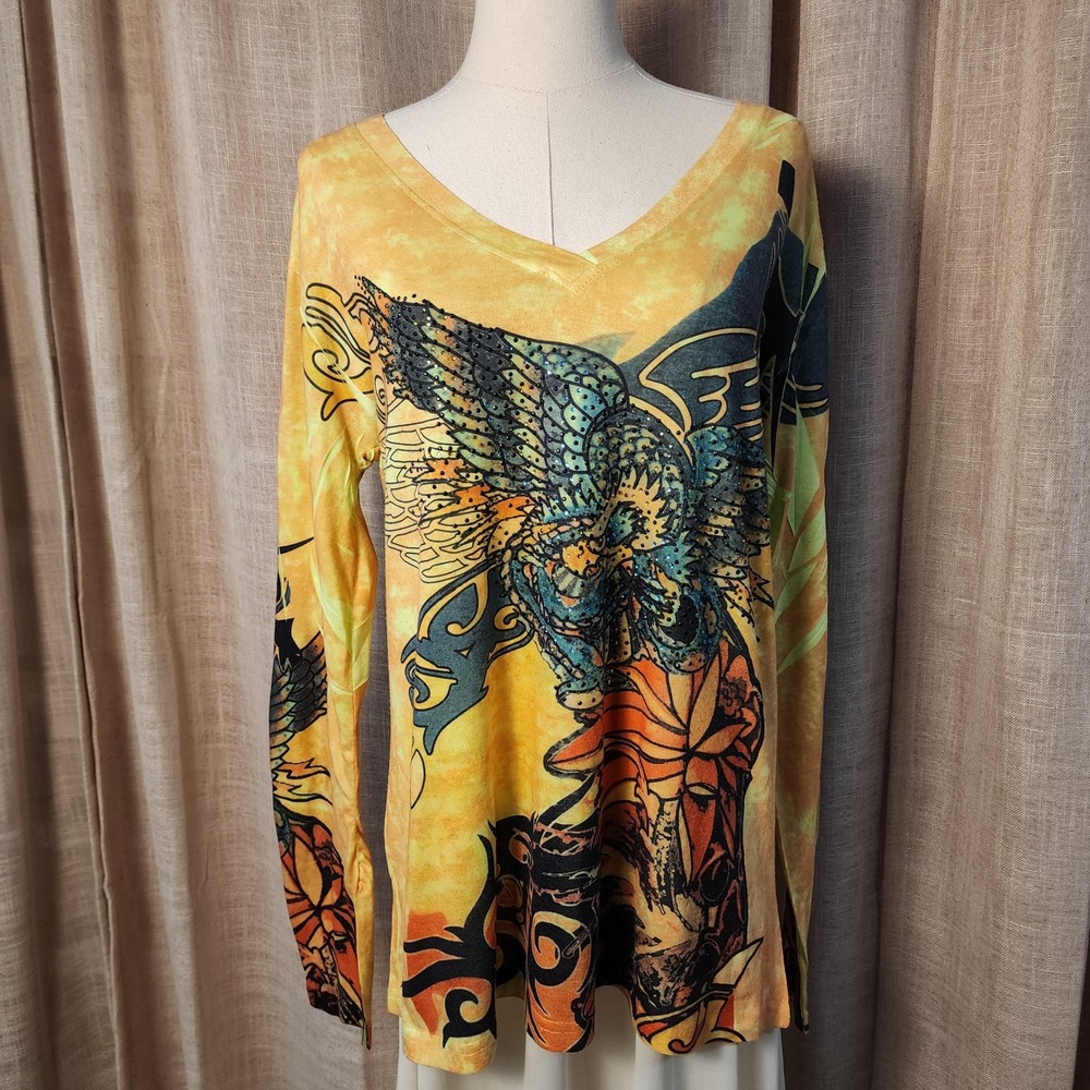 Unbranded Y2K Eagle Graphic Rhinestone Tie Dye V-Neck Long Sleeve Top Yellow L